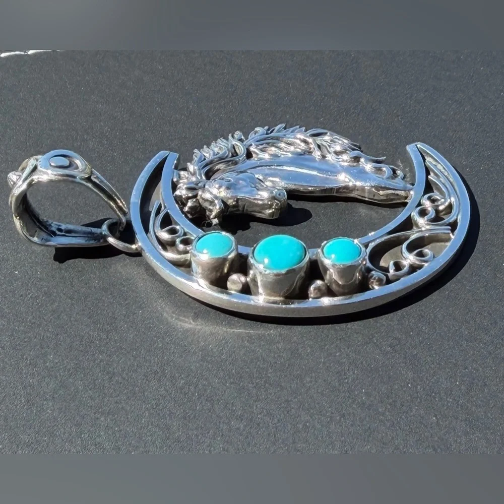 Jennifer Cayaditto Signed Sterling Silver Triple Turquoise Moon & Horse Pendant